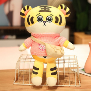 Игрушка тигр , арт ИГ15, размер 35 см, розовый свитер с медведем+белая сумка