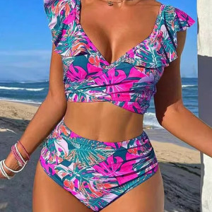 Купальник из 2 частей, арт КП4, цвет: розово-красные и синие листья