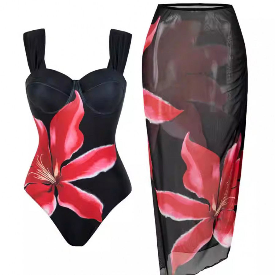 Купальник из 2 частей, арт КП19, цвет: красные цветы на чёрном