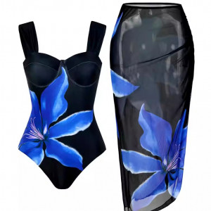 Купальник из 2 частей, арт КП19, цвет: синие цветы на чёрном